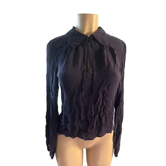 Women 10 Tory Burch 100% Silk Navy Blouse Shirt Top Collared Button Tie Neck - Picture 2 of 7